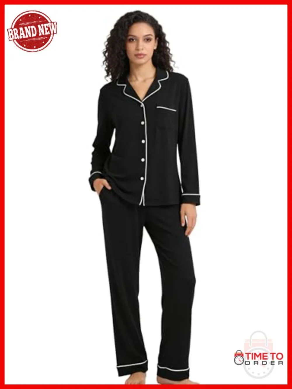 Long Sleeve Cotton Blend Pajama Set with Pockets Button-Up Sleepwear